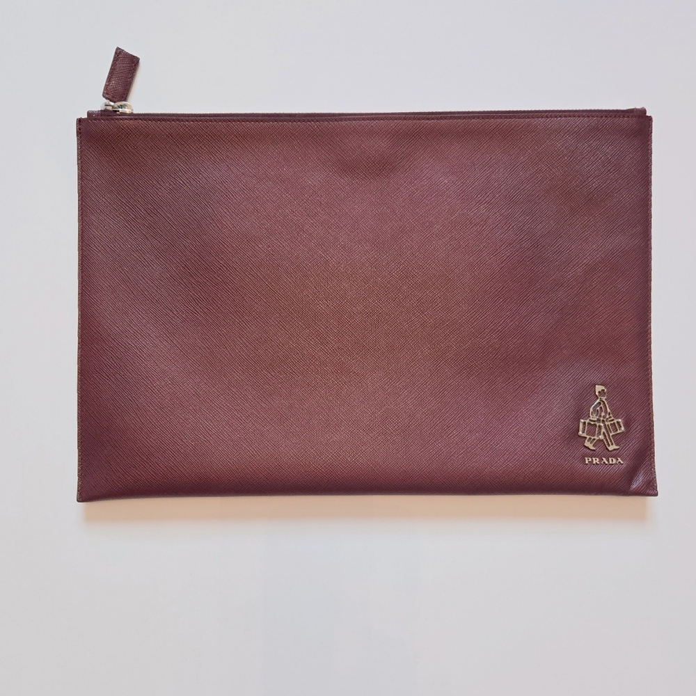 PRADA Saffiano Leather Pouch Document Holder Laptop Sleeve Burgundy Silver Logo